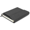 A grey notebook with a textured cover and a ribbon bookmark, featuring a flap closure and blank pages.