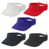 A collection of five sun visors in white, red, purple, and black, featuring adjustable straps and a logo.