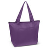A purple cooler bag with two straps and a front pocket, featuring a zip closure and a branding logo.