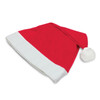 A Santa hat featuring a red fabric with a white trim and a fluffy white pom-pom on top.