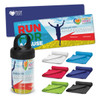 An assortment of cooling towels in various colours and a drink bottle with a branded logo.