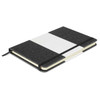 A notebook with a black textured cover featuring a white stripe, secured with an elastic band.