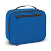 A blue lunch cooler bag with a zippered front pocket and a sturdy handle. It features a simple, clean design.