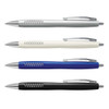 A set of four plastic pens in silver, white, blue, and black, each featuring a silver clip and grip design.