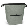 A light grey, insulated lunch cooler with a front pocket and adjustable straps. Features a logo on the front.