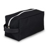 A black toiletry bag featuring a sturdy zipper and a side handle for easy carrying.