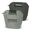 Two felt cooler bags in grey and dark green, featuring handles and a logo on the front.