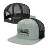 A grey and black trucker cap featuring a mesh back and a front embroidery detail. The cap also includes a logo.