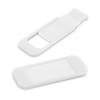 A white webcam cover designed to slide open and closed, featuring a sleek and minimalist design.