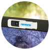 A webcam cover featuring a white design with a blue logo, designed to slide open and closed over a camera lens.