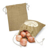 A medium jute produce bag in natural brown colour, containing several onions. The bag features a logo.