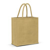 A jute tote bag in a soft yellow hue with two sturdy handles and a blank design. It features a logo.