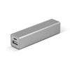 A silver power bank with two USB ports, featuring a sleek rectangular design and a minimalist appearance.