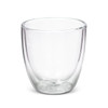 A double wall glass with a clear finish, featuring a rounded design. Includes a logo on the surface.