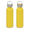 A drink bottle in bright yellow with a stainless steel lid and a wooden top, featuring a branding logo.