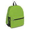 A bright green backpack featuring a front zip pocket and side mesh pocket, with adjustable shoulder straps.