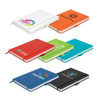 A collection of notebooks in various colours: white, orange, turquoise, blue, and black, each with a logo on the cover.
