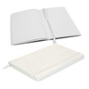 A white Hudson Notebook with lined pages, featuring a cover and a ribbon bookmark.