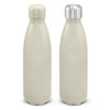 A drink bottle in a smooth, cream colour with a silver and matching cap. It features a logo.