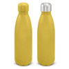 A drink bottle set featuring two yellow vacuum bottles with a matte finish and metal caps. Each has a logo.