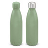 A drink bottle in a soft green colour with a stainless steel cap and a smooth, matte finish. It has a logo feature.