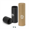 A drink bottle gift tube in black and brown, featuring logos, with a cylindrical design and removable lids.