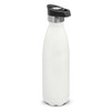 A drink bottle in matte white with a black push button lid and a stainless steel accent. It features a logo.