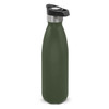 A drink bottle in matte dark green with a push button lid and a metallic accent at the top. It features a logo.