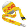 A yellow lanyard with a clip, featuring a printed logo and the words "touch screen" in a repeated pattern.