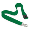 A green 3D logo lanyard with a silver clip and a black safety buckle.