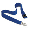 A blue lanyard with a clip and a plastic buckle, featuring a logo.