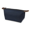 A navy toiletry bag with a zip closure and brown leather accents. It has a simple, clean design.