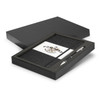 A grey notebook and silver pen gift set presented in a black box with a branded interior.
