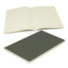 An open green notebook with lined pages, resting above a closed version of the same notebook.