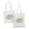 A white tote bag with green leaf designs and a logo. It features two sturdy handles for carrying.