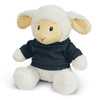 A plush lamb toy with cream and white fur, wearing a dark sweatshirt. It has soft ears and a friendly face.