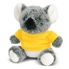 A grey koala plush toy wearing a yellow shirt, featuring large ears and a fluffy texture.