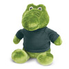 A green crocodile plush toy dressed in a dark jumper, featuring large eyes and a friendly expression.