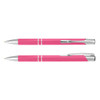 A pink metal pen with silver accents, featuring a sleek design and a clip for easy attachment.