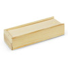 A wooden box with a smooth, light timber finish, featuring a sliding top and a small hole on one side.