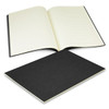 A large notebook with lined cream pages and a black cover, partially opened to display its pages.