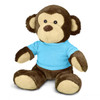 A plush monkey toy in brown and cream, wearing a blue T-shirt, seated with arms outstretched.