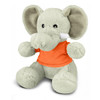 A grey plush elephant toy wearing an orange shirt, featuring large ears and a cute smiling face.