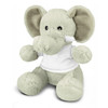 A grey elephant plush toy with large ears, wearing a white shirt, sitting on a flat surface.