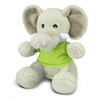A plush toy elephant in light grey, wearing a green shirt, with soft ears and a smiling face. It has a logo on the shirt.