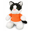 A black and white cat plush toy wearing an orange shirt, featuring green eyes and a soft texture.
