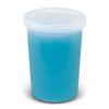 A clear container filled with blue slime, topped with a transparent lid. The product features a logo.