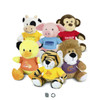 A collection of assorted plush toys, featuring a cow, pig, monkey, duck, tiger, and lion, each in colourful T-shirts.