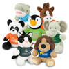 A collection of assorted plush toys including a panda, elephant, dog, and penguin in various colours and shirts.
