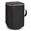 A rectangular black Bluetooth speaker with a textured exterior and a handle, featuring a sleek black top.